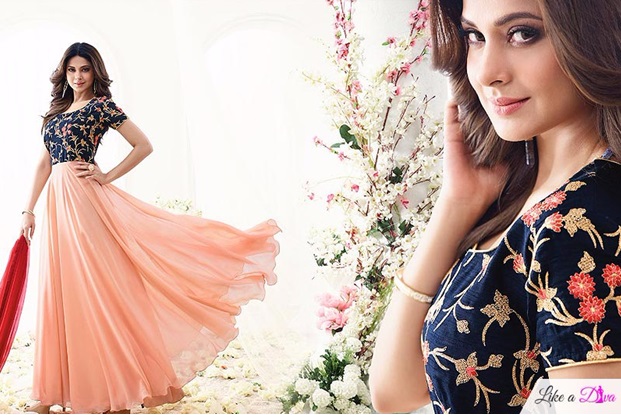 Peach Navy Blue Floral Embroidered Anarkali Suit